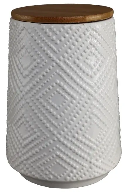 White Bead Design Ceramic Canister With Bamboo Lid