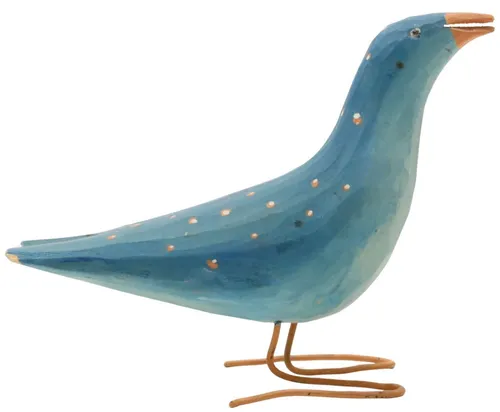 Wood Carved Blue Bird With Wire Legs