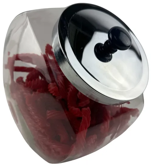 Clear Glass Gallon Penny Jar With Crome Lid & Blue Knob Containing Liquorice