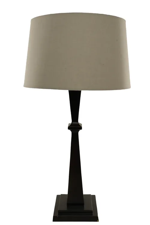 Bronze Square Tapered Column Table Lamp With Oatmeal Linen Tapered Shade