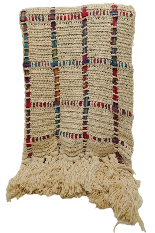 Cream Knit With Woven Blue, Red & Gold Throw Blanket With Tassel Trim