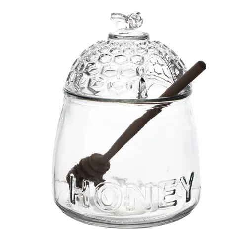 Clear Glass Honey Bee Honey Pot With Wood Dipper Stick