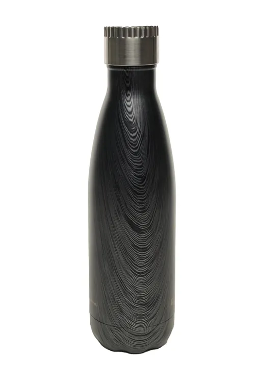 Silver Metallic Black Woodgrain Metal Water Bottle