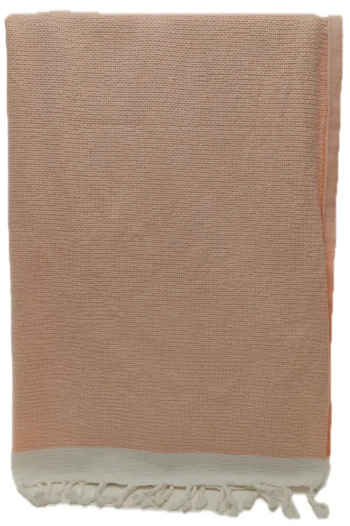 Peach Knit Throw Blanket With White Single Yarn Fringe Trim