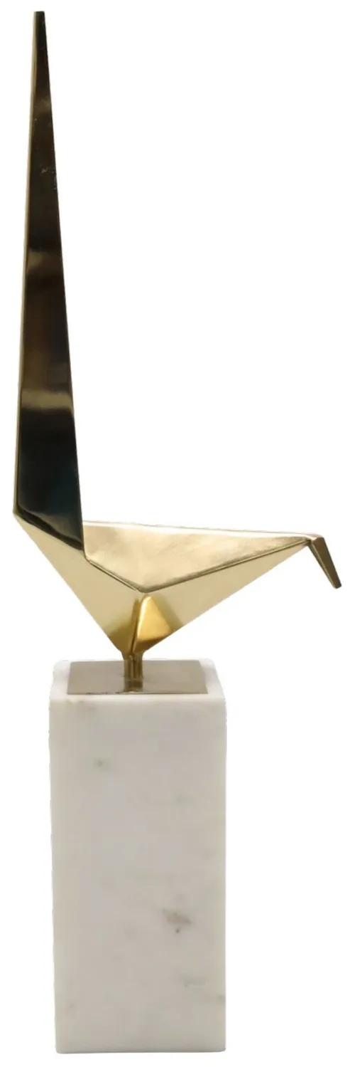 Gold Metal Origami Bird On White Marble Base