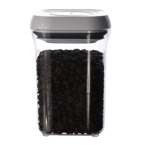 Clear Square Pop Top Storage Container With White Lid Containing Coffee Beans