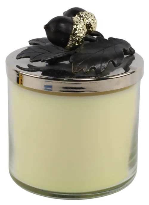 Glass Canister Candle With Dark Metal Acorn Lid