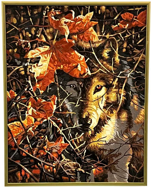 Wolf & Autumn Leaves Painting In Gold Frame