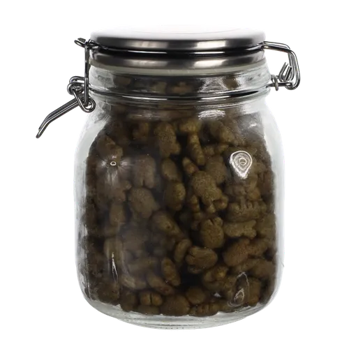 Clear Glass Canister With Brushed Stainless Lid Containing Cat Treats