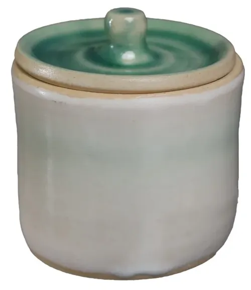 Off White Dipped Ceramic Storage Jar With Pine Green Lid