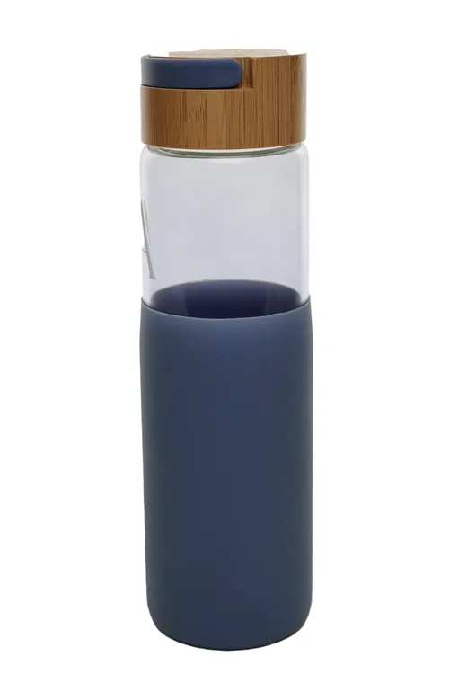 Light Blue Silicone Sleeve On Clear Glass Water Bottle