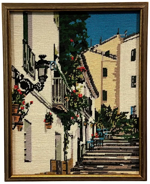 Street Scene Needlepoint In Wood Frame