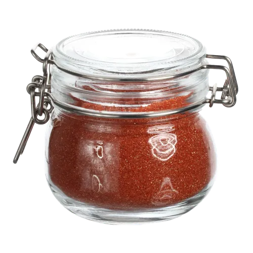 Clear Glass Stout Preserve Canister With Burnt Red Sugar Crystals