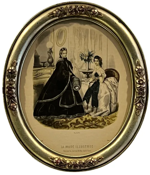 French Fashion Illustration In Gold Oval Frame
