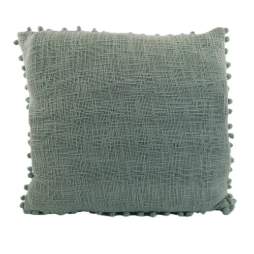 Light Mint Green Solid Wool Textured With Pom Pom Fringe Throw Pillow