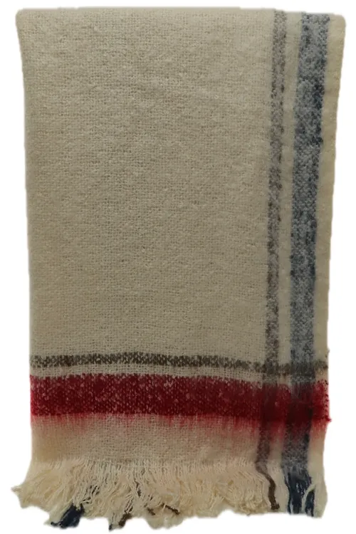 Cream Throw Blanket With Blue & Grey & Red Stripe Border With Fringe Trim
