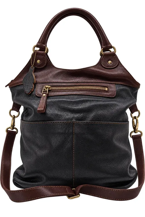 Two Tone Black and Dark Brown Leather Handbag