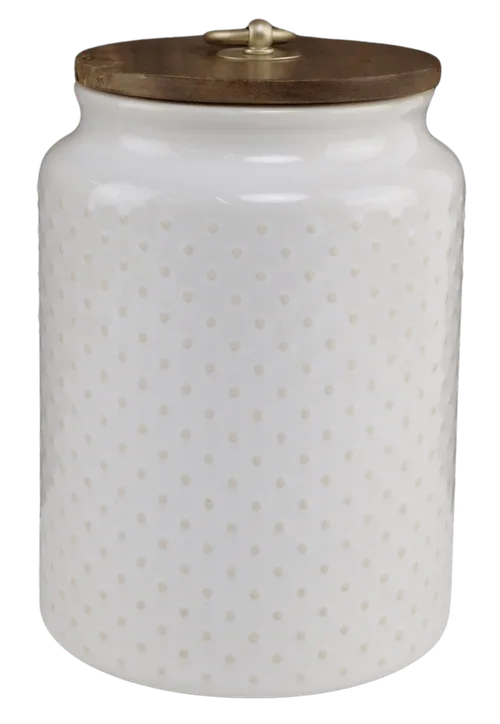 White With Beige Mini Dot Canister With Wood Lid & Ring - Large