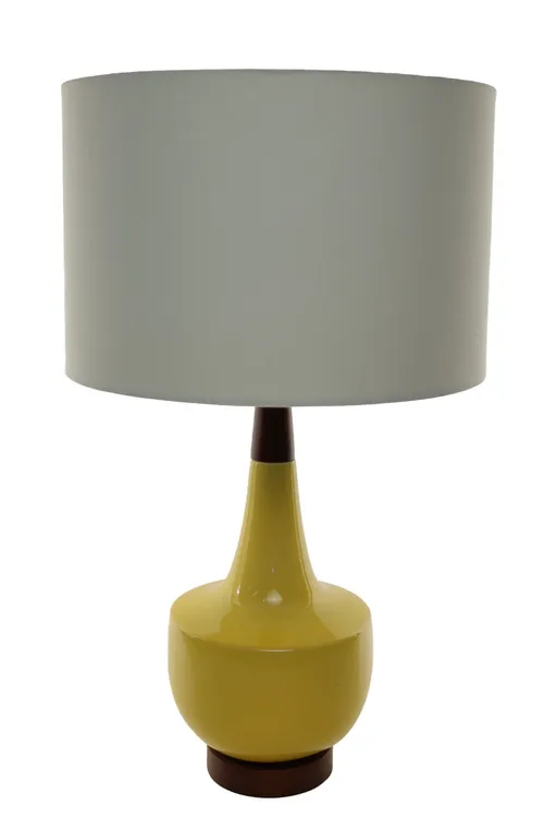 Sunny Yellow With Dark Wood Base Table Lamp With White Linen Drum Shade