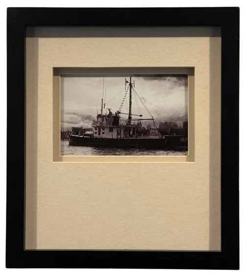 Black & White Boat In Harbour Photograph In Black Frame