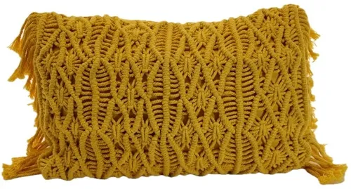 Harvest Gold Yarn Macramae With Fringe Throw Pillow
