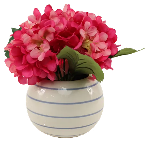 Artificial Pink Big Leaf Hydrangea Plant In Ceramic White & Blue Stripe Pot