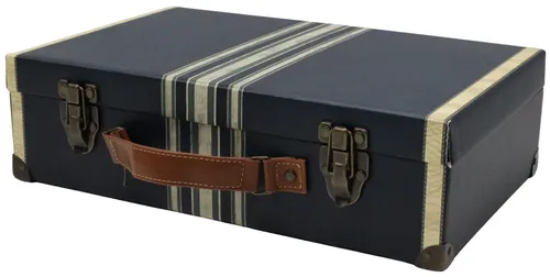 Navy Blue & Cream Stripe Storage Box With Leather Handle