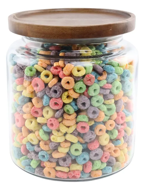 Clear Glass Canister With Wood Lid Containing Colourful Cereal