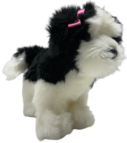 Black & White Dog With Pink Bow Stuffed Animal