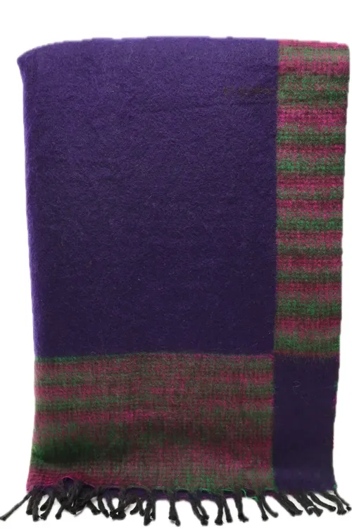 Royal Purple Cashmere Throw Blanket With Fuchsia & Emerald Green Border & Fringe Trim