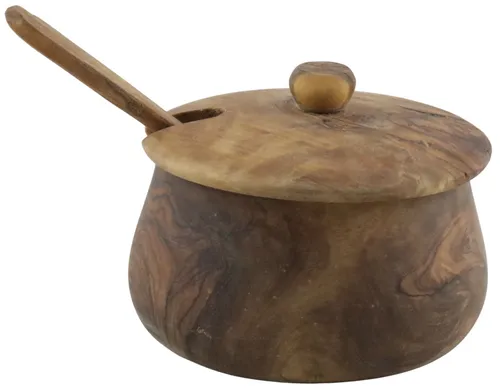 Olive Wood Sugar Bowl With Spoon & Lid