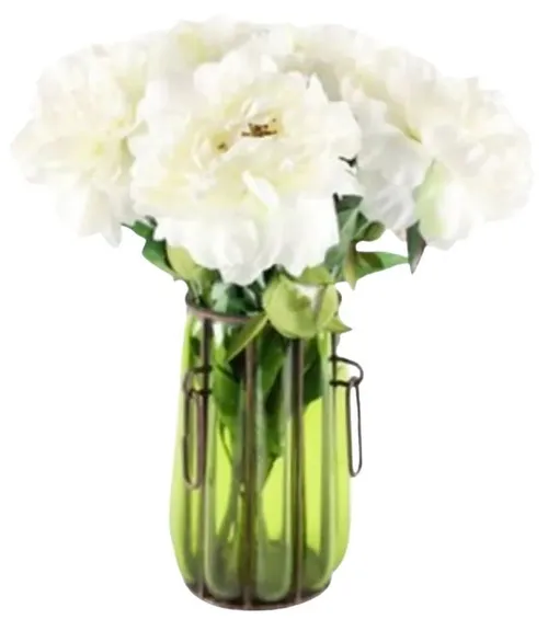 Green Glass Rusted Cage Vase with White Silk Flowers