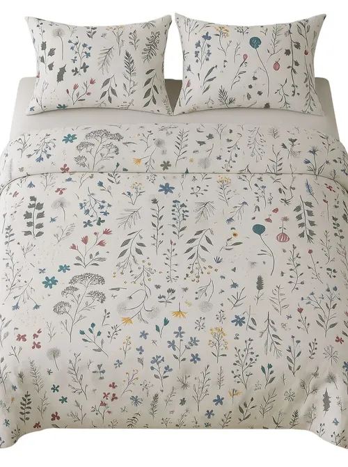 White With Floral Botanical Print Duvet Cover With Two Pillow Cases - Queen
