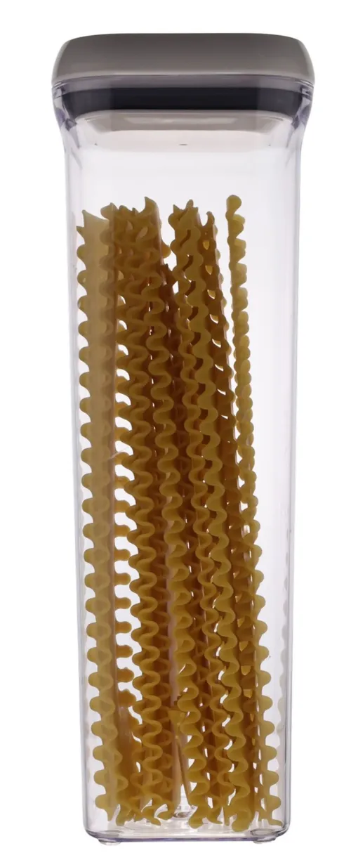 Clear Tall Pop Top Storage Container With White Lid Containing Lasagna Noodles
