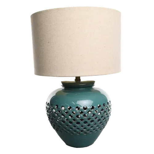 Queen Turquoise Circle & Diamond Cut Porcelain Table Lamp With Tan Shade
