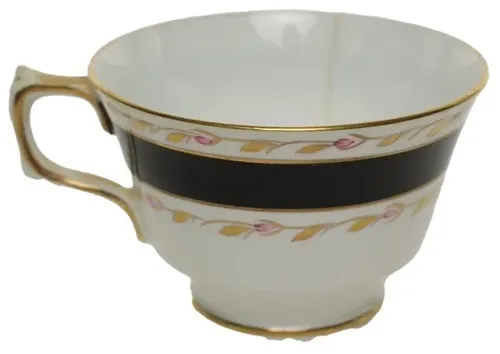 Black Banded Gold Trim With Rose Repeat Teacup