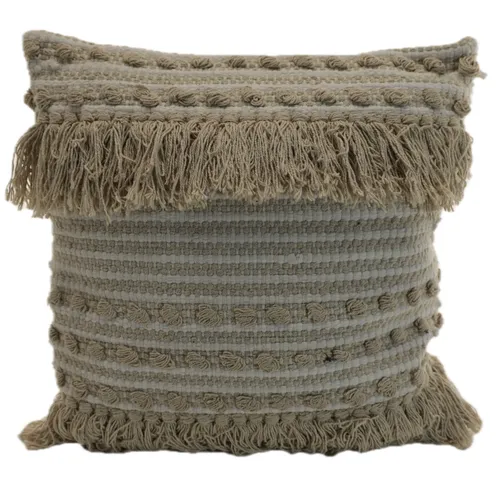 Cream & Taupe Wool Fringe Bohemian Throw Pillow