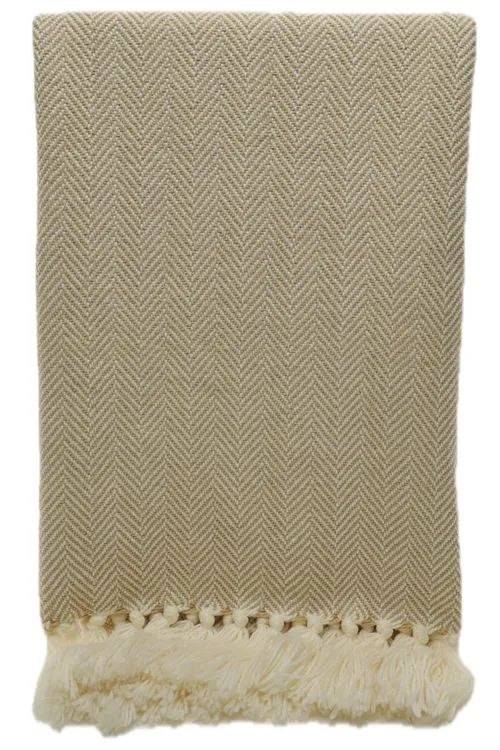 Beige & White Chevron Pattern Throw Blanket With Tassels