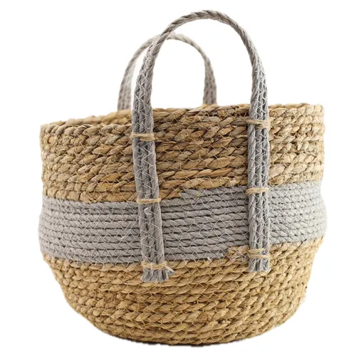 Dried Weaved Grass With Grey Accent Stripe Handled Basket