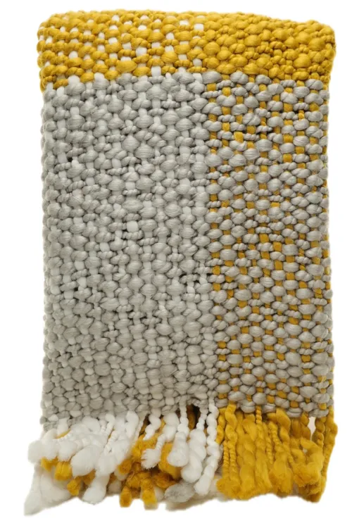 Chunky Harvest Gold & Grey & White Knit Throw Blanket With Fringe Trim