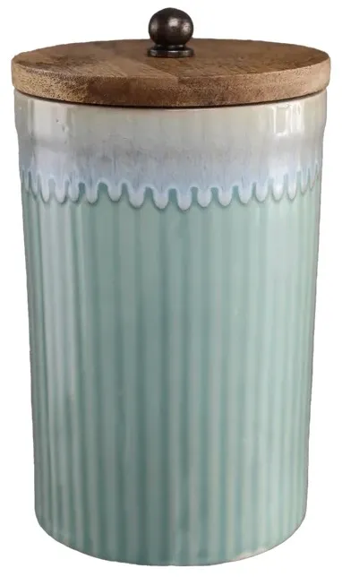 Ocean Tide Green Ceramic Ribbed Canister With Wood Lid