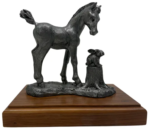 Pewter Horse & Rabbit On Wood Base