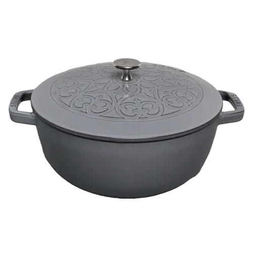 Grey Round Cast Iron Dutch Oven With Ornate Pattern Lid