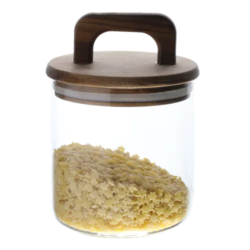 Clear Glass Canister With Acacia Wood Handled Lid Containing Star Pasta