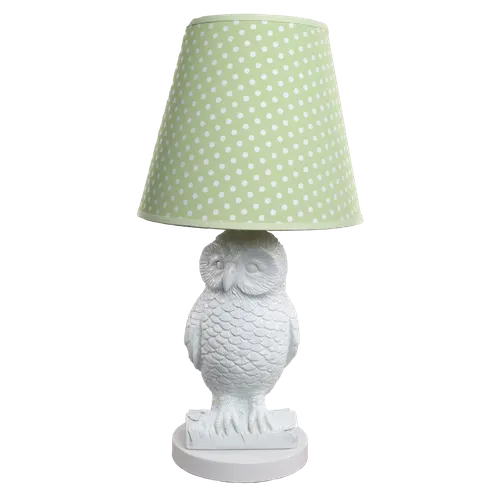 White Owl Table Lamp With Green & White Dotted Shade