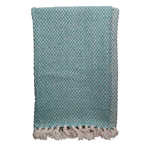 Teal & White Woven Throw Blanket With White Tassels