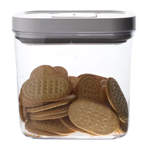 Clear Rectangular Low Profile Pop Top Storage Container With White Lid Containing Biscuits