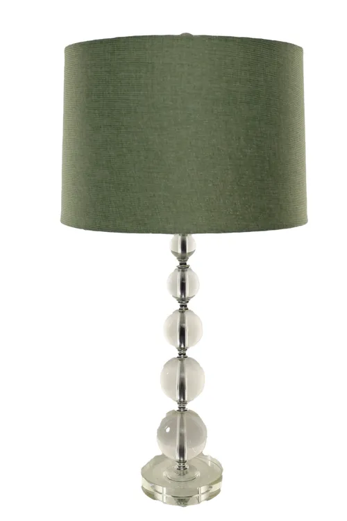 Clear Crystal Stacked Balls Table Lamp With Pistachio & Silver Fleck Linen Shade