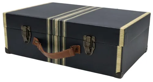 Navy Blue & Cream Stripe Storage Box With Leather Handle - Large