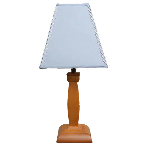 Honey Stained Wooden Table Lamp With Baby Blue Shade